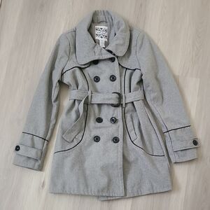 Wet Seal Wool Blend Gray Double-Breasted Coat XL belt Winter Preppy equestrian